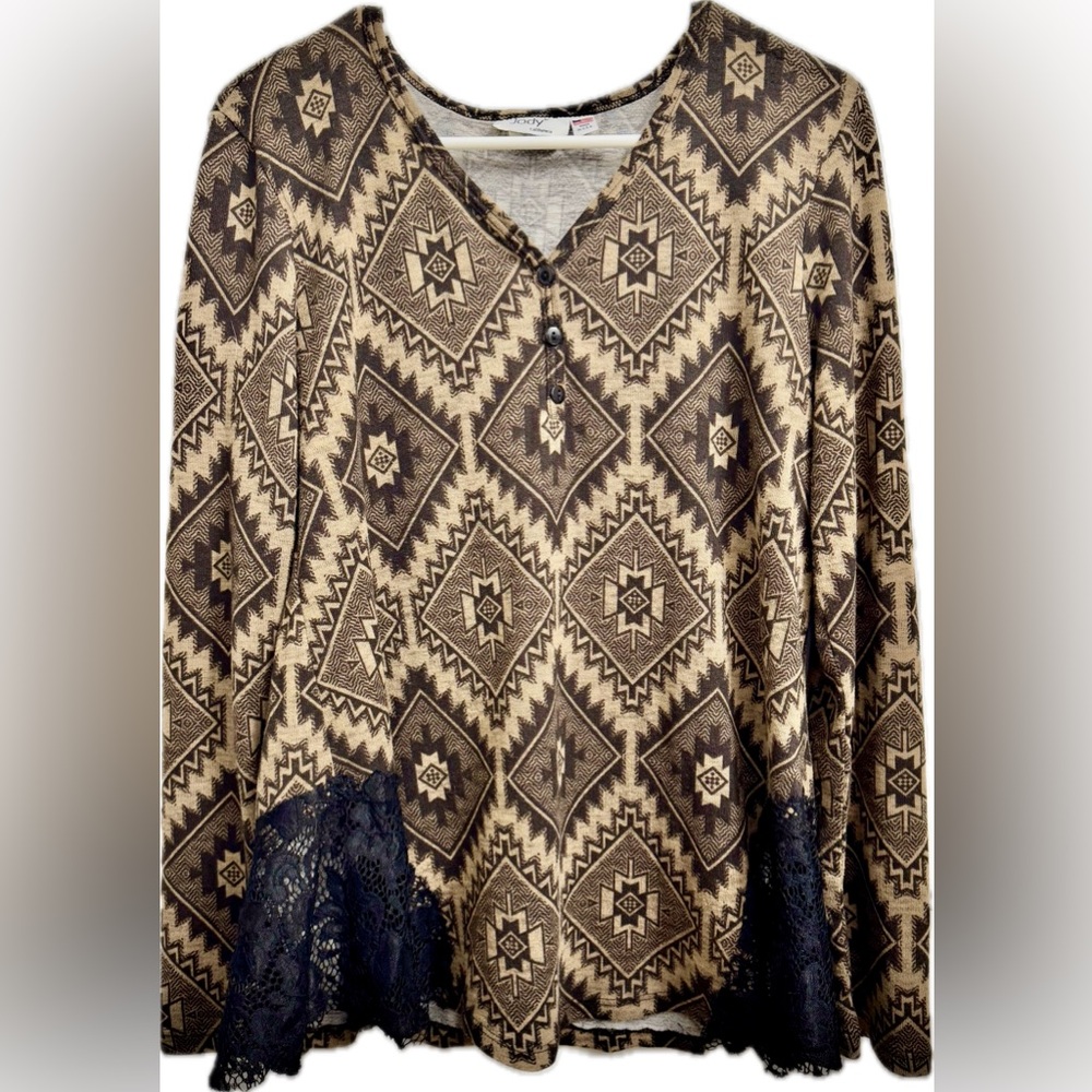 Knit and lace top with aztec design.